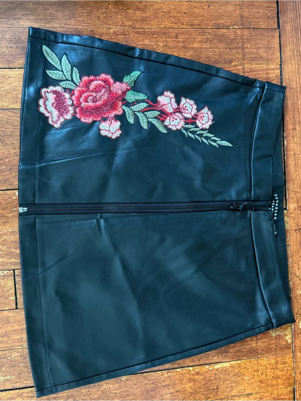 Boom Boom Jeans Black Faux Leather Mini Skirt with Red & Green Floral Embroidery